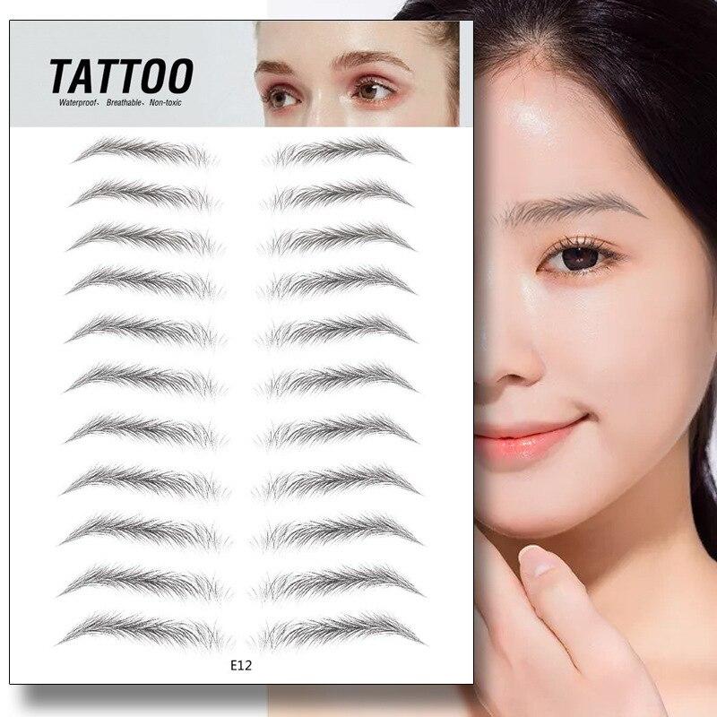 4D Waterproof Eyebrow Tattoo Stickers on a display sheet next to a model showcasing natural looking brows.